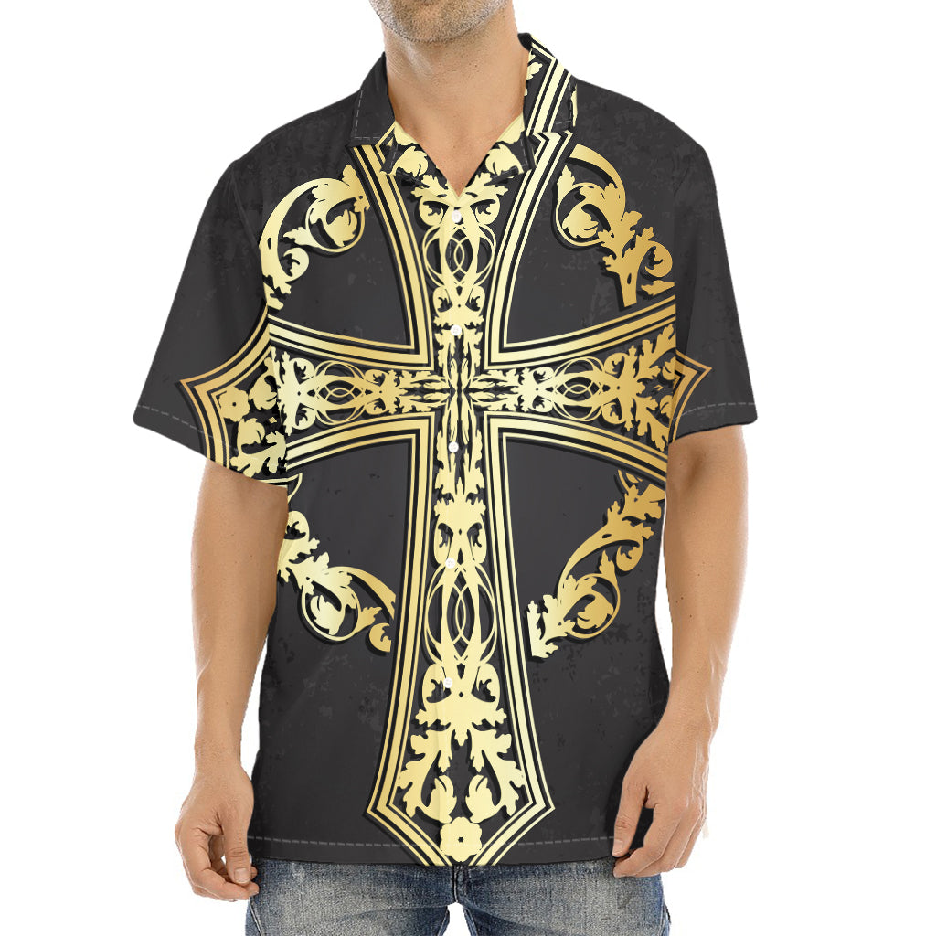 Ornamental Golden Cross Print Aloha Shirt
