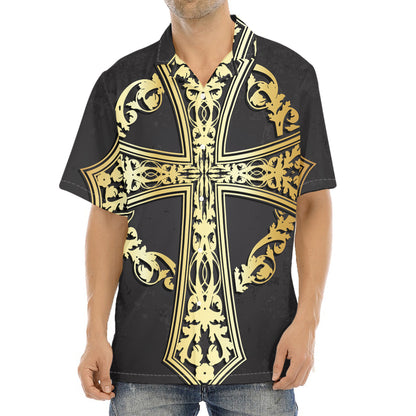 Ornamental Golden Cross Print Aloha Shirt