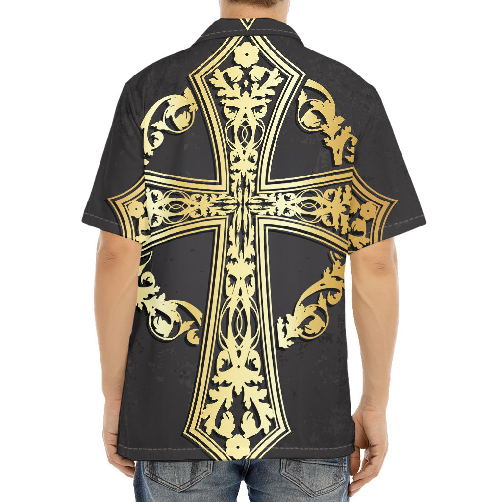 Ornamental Golden Cross Print Aloha Shirt