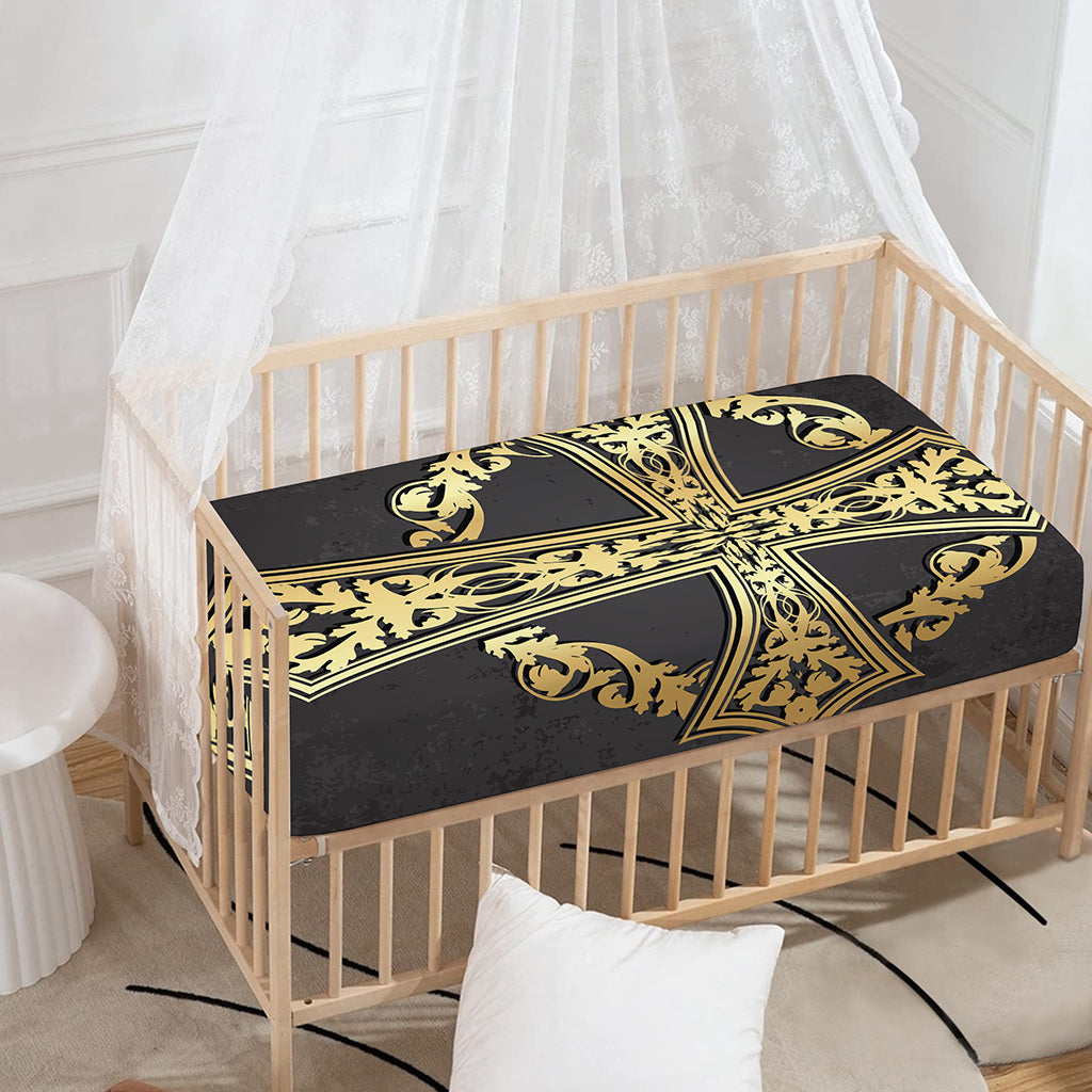 Ornamental Golden Cross Print Baby Crib Sheet