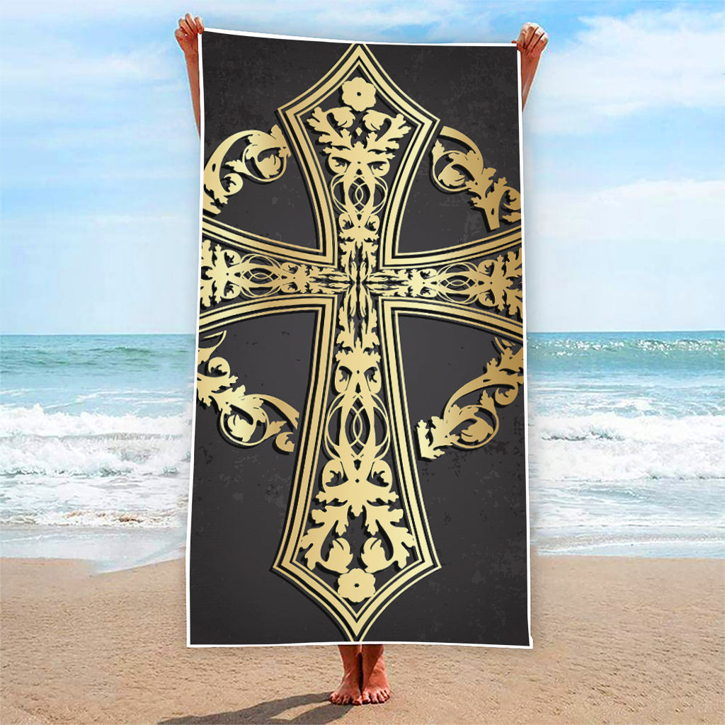 Ornamental Golden Cross Print Beach Towel