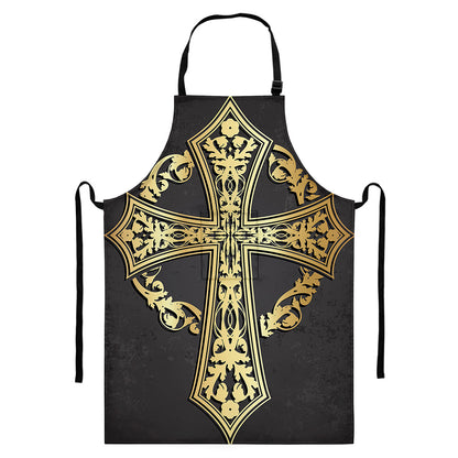 Ornamental Golden Cross Print Bib Apron With Pocket