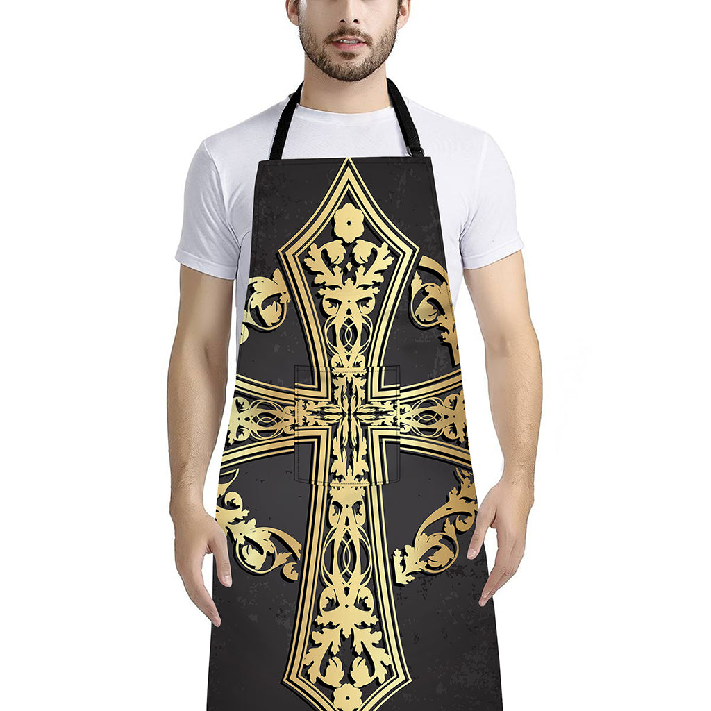 Ornamental Golden Cross Print Bib Apron With Pocket