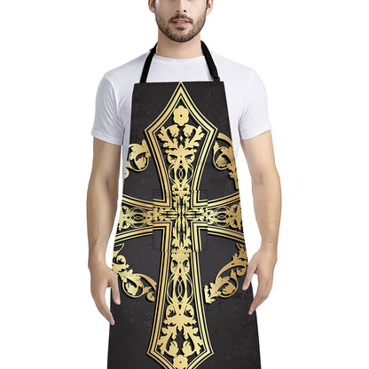 Ornamental Golden Cross Print Bib Apron With Pocket