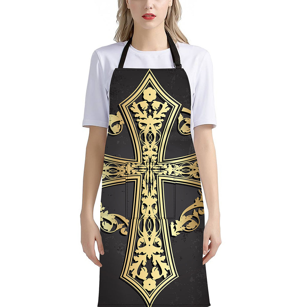 Ornamental Golden Cross Print Bib Apron With Pocket