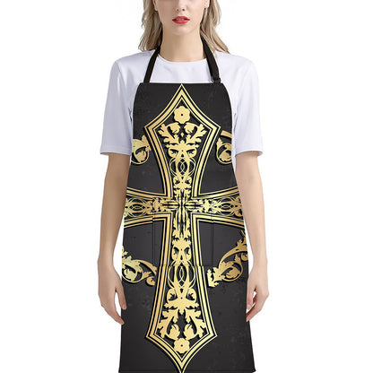 Ornamental Golden Cross Print Bib Apron With Pocket