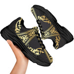 Ornamental Golden Cross Print Black Chunky Shoes