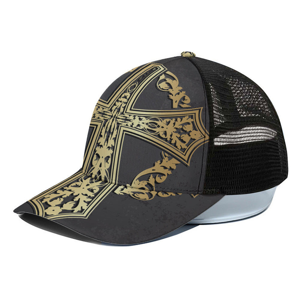 Ornamental Golden Cross Print Black Mesh Trucker Cap