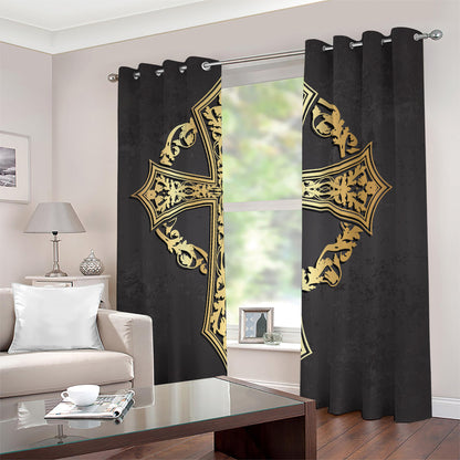 Ornamental Golden Cross Print Blackout Grommet Curtains