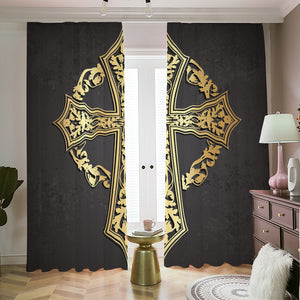 Ornamental Golden Cross Print Blackout Pencil Pleat Curtains