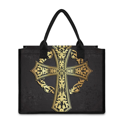 Ornamental Golden Cross Print Canvas Tote Bag