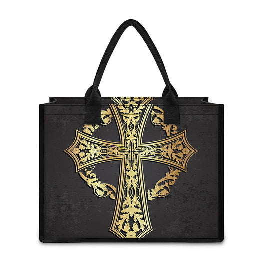 Ornamental Golden Cross Print Canvas Tote Bag