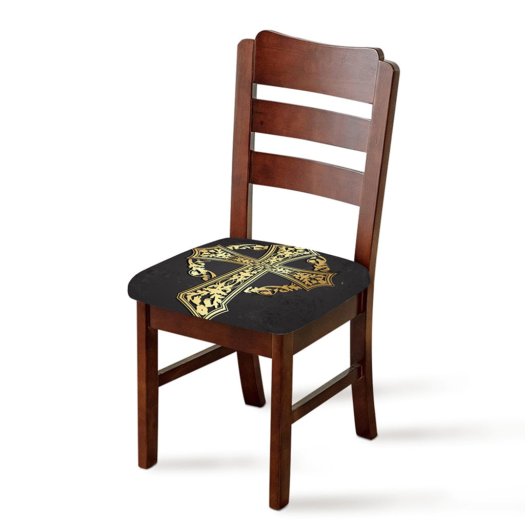 Ornamental Golden Cross Print Chair Cushion Cover