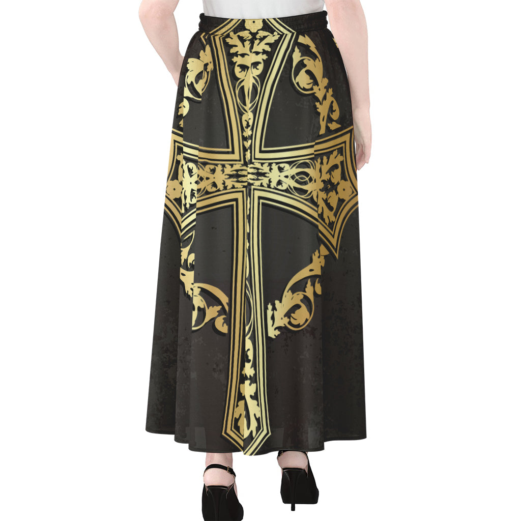 Ornamental Golden Cross Print Chiffon Maxi Skirt