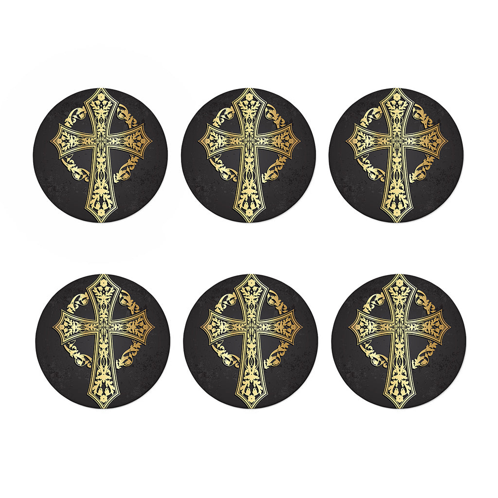 Ornamental Golden Cross Print Coaster Set