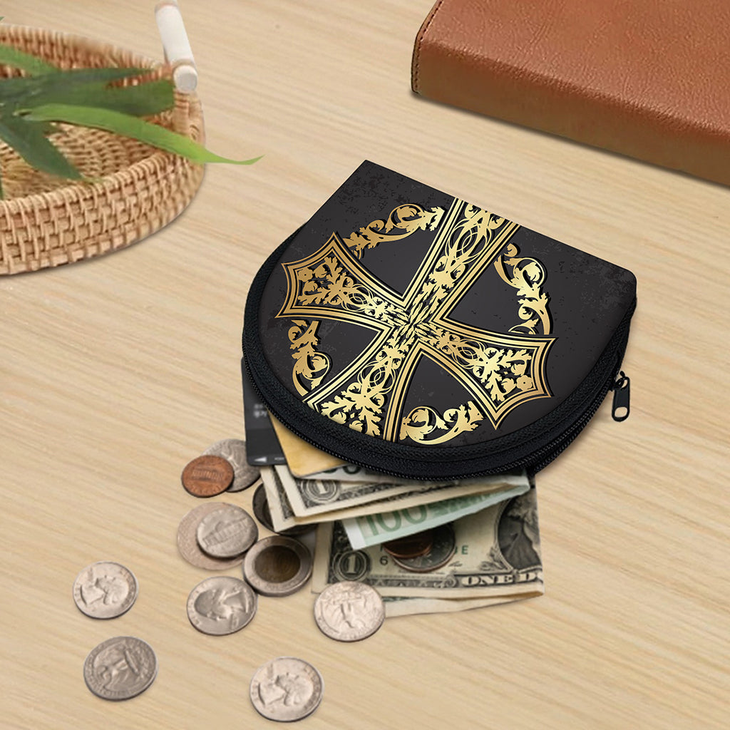Ornamental Golden Cross Print Coin Purse