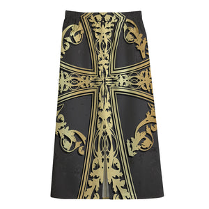 Ornamental Golden Cross Print Cotton Front Slit Maxi Skirt