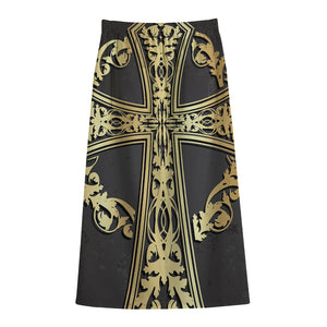 Ornamental Golden Cross Print Cotton Front Slit Maxi Skirt