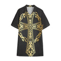 Ornamental Golden Cross Print Cotton Hawaiian Shirt