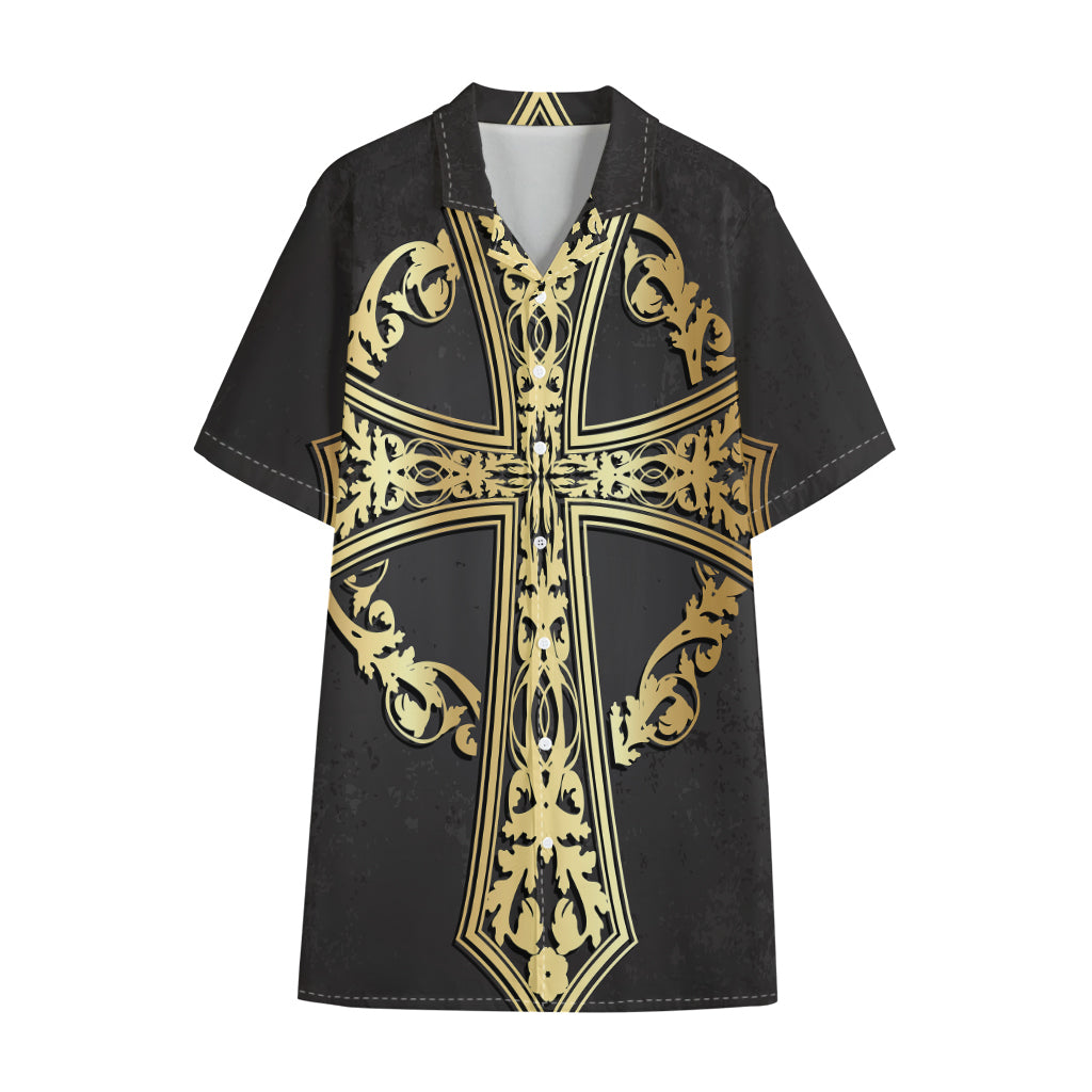 Ornamental Golden Cross Print Cotton Hawaiian Shirt