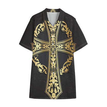 Ornamental Golden Cross Print Cotton Hawaiian Shirt