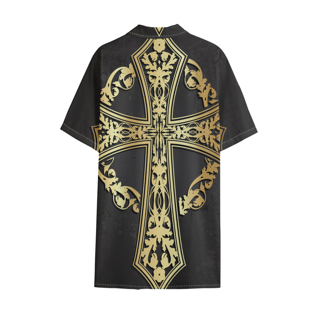 Ornamental Golden Cross Print Cotton Hawaiian Shirt