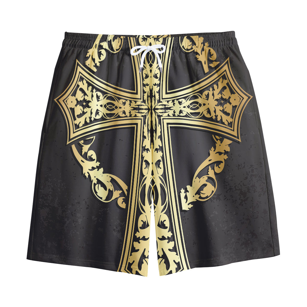 Ornamental Golden Cross Print Cotton Shorts