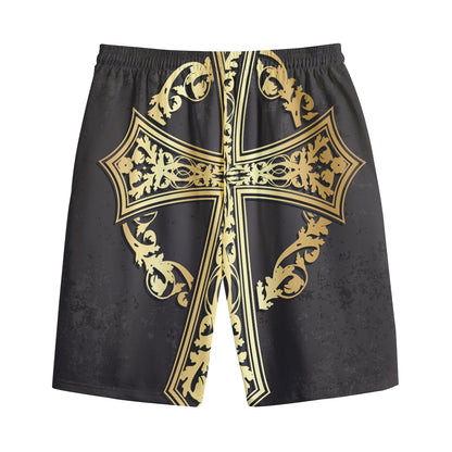 Ornamental Golden Cross Print Cotton Shorts