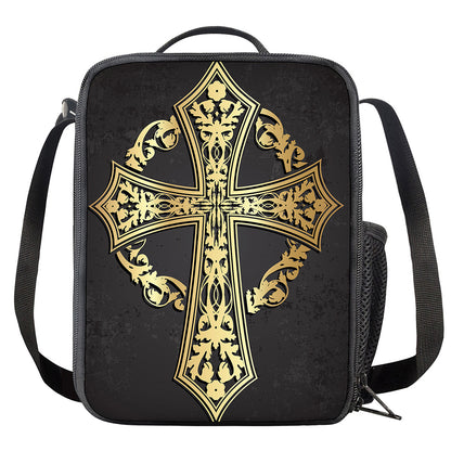 Ornamental Golden Cross Print Crossbody Lunch Bag