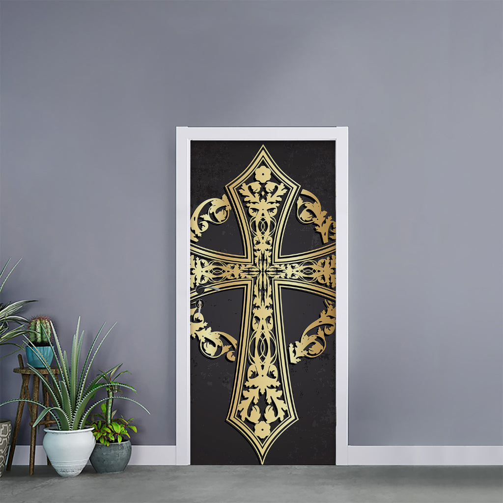 Ornamental Golden Cross Print Door Sticker