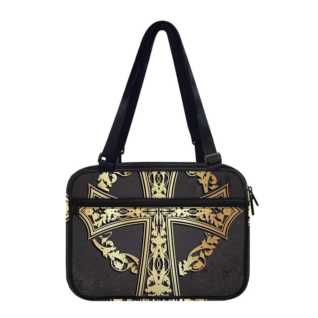 Ornamental Golden Cross Print Double Strap Bible Bag