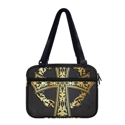 Ornamental Golden Cross Print Double Strap Bible Bag