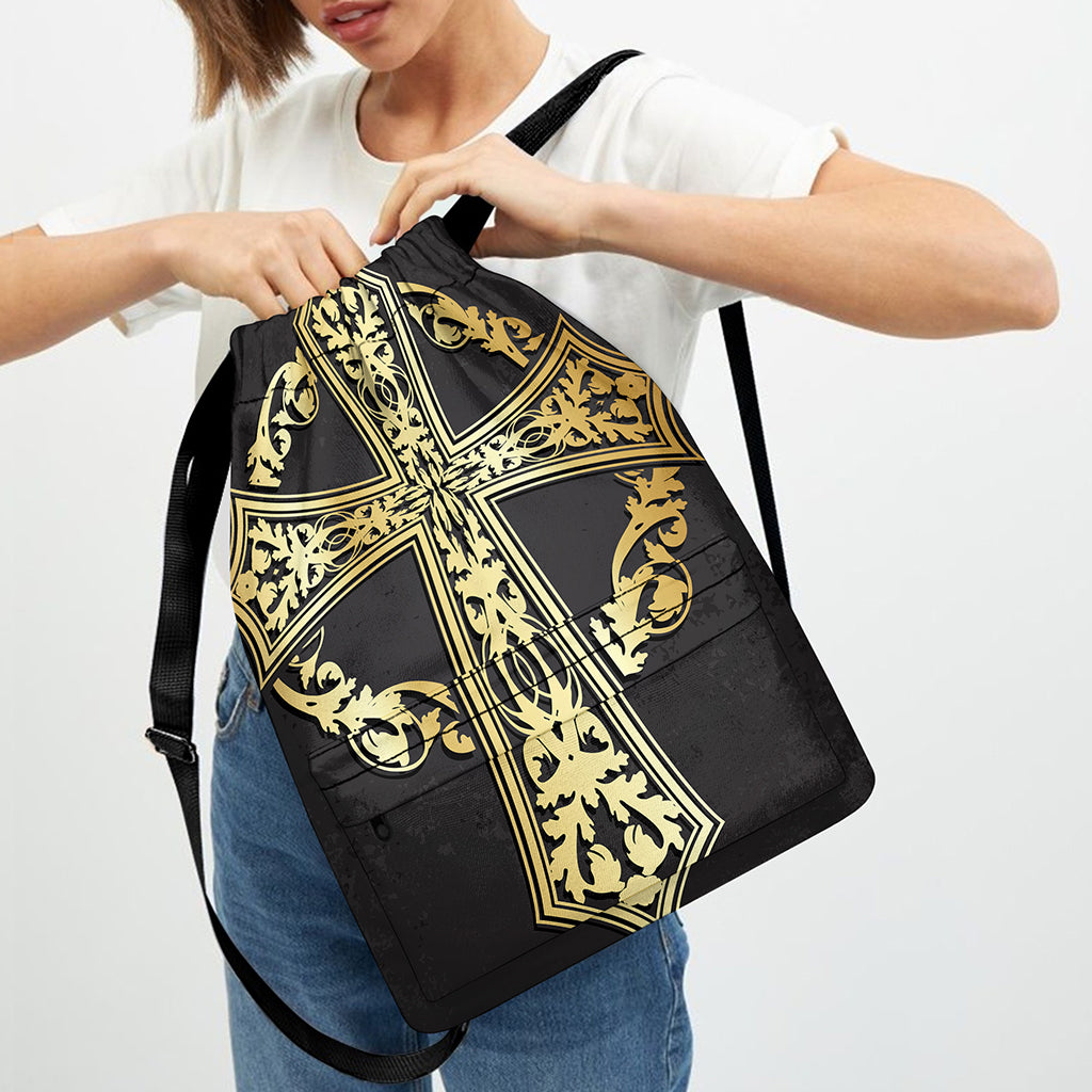 Ornamental Golden Cross Print Drawstring Backpack