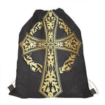 Ornamental Golden Cross Print Drawstring Bag