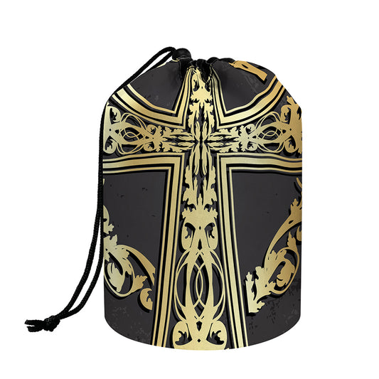 Ornamental Golden Cross Print Drawstring Makeup Bag