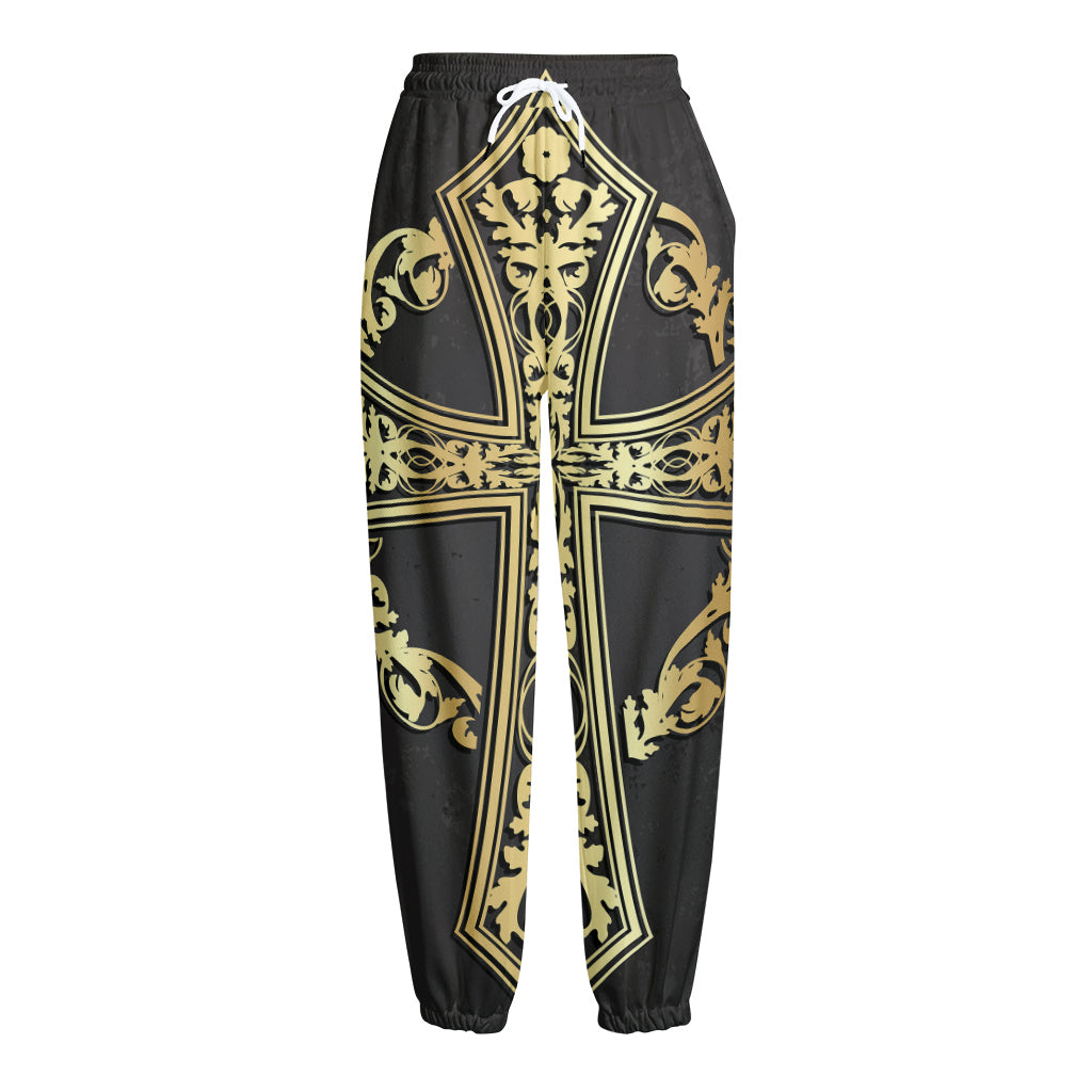 Ornamental Golden Cross Print Fleece Lined Knit Pants