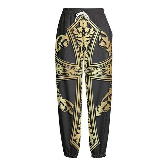 Ornamental Golden Cross Print Fleece Lined Knit Pants