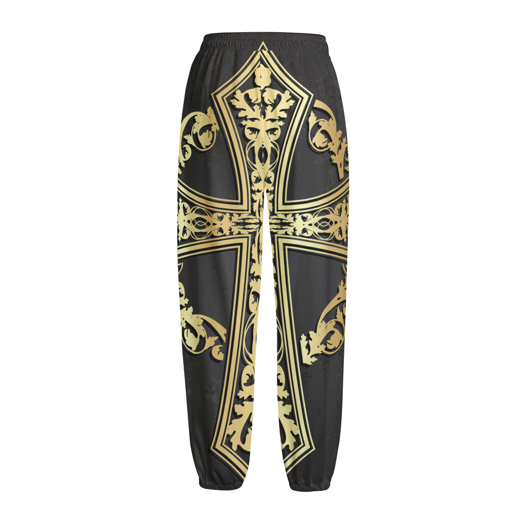 Ornamental Golden Cross Print Fleece Lined Knit Pants