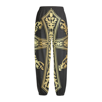 Ornamental Golden Cross Print Fleece Lined Knit Pants