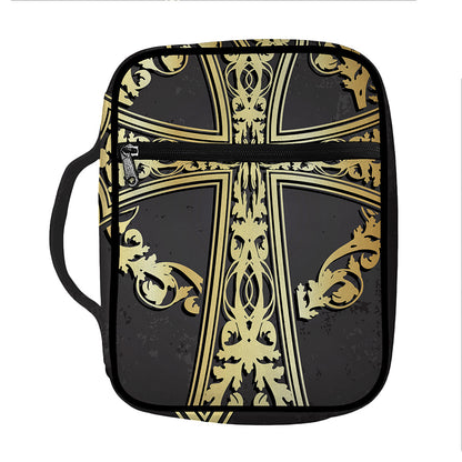 Ornamental Golden Cross Print Front Pocket Bible Bag