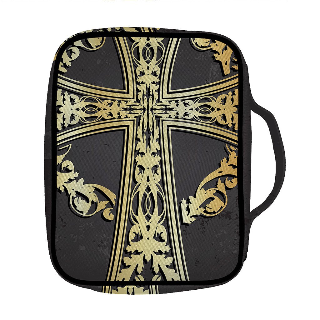 Ornamental Golden Cross Print Front Pocket Bible Bag