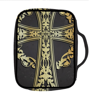 Ornamental Golden Cross Print Front Pocket Bible Bag
