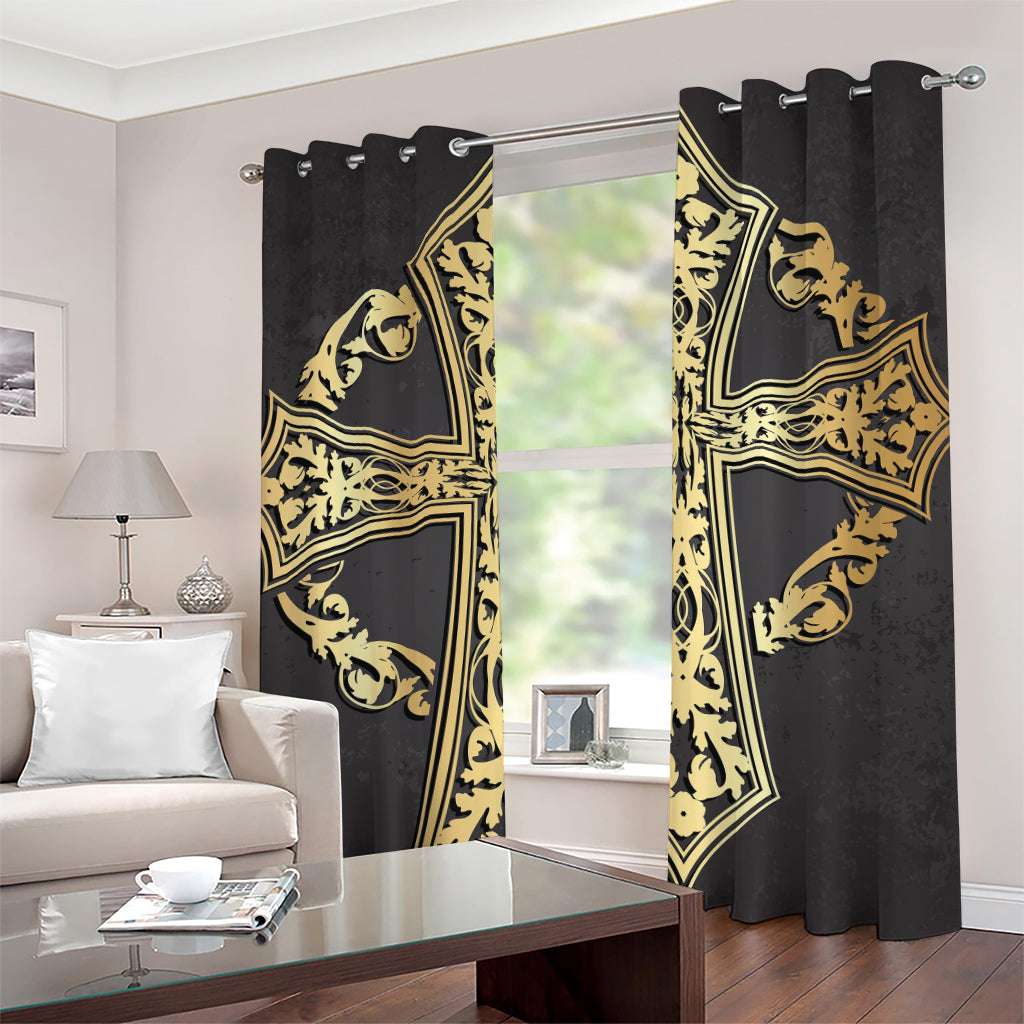 Ornamental Golden Cross Print Grommet Curtains