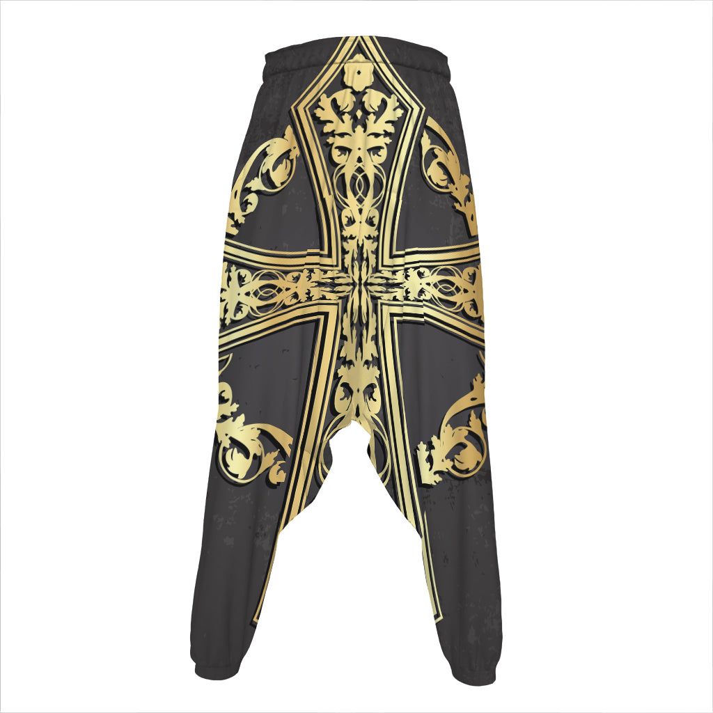 Ornamental Golden Cross Print Hammer Pants