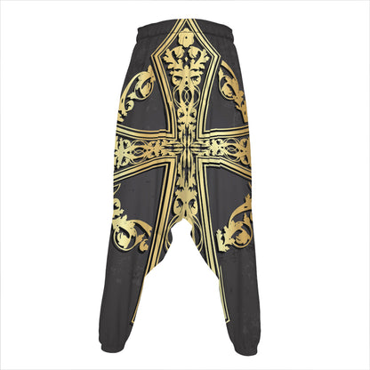 Ornamental Golden Cross Print Hammer Pants