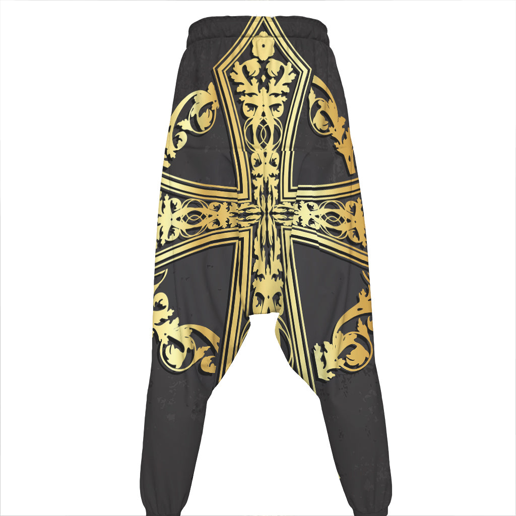 Ornamental Golden Cross Print Hammer Pants