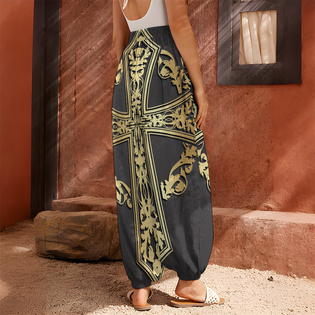 Ornamental Golden Cross Print Harem Pants