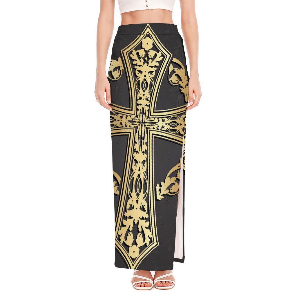 Ornamental Golden Cross Print High Slit Maxi Skirt