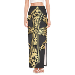 Ornamental Golden Cross Print High Slit Maxi Skirt