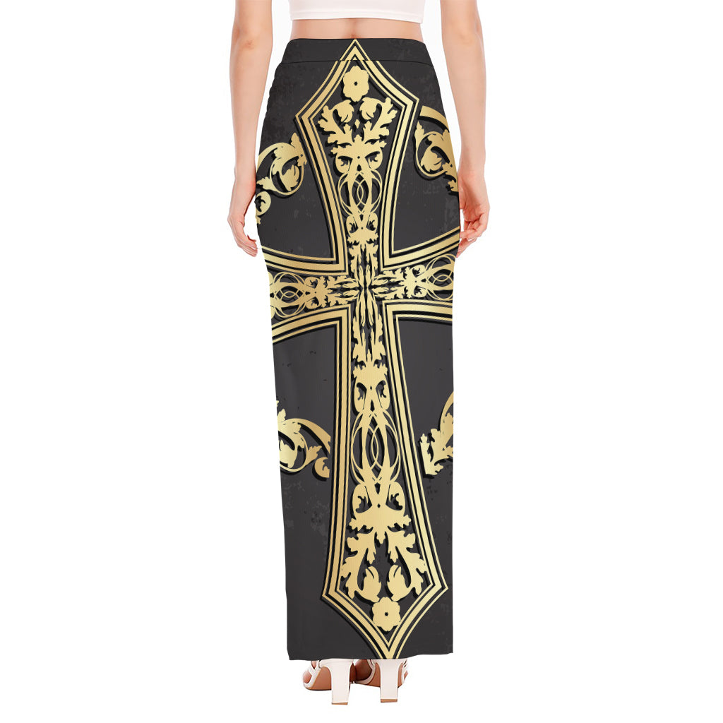 Ornamental Golden Cross Print High Slit Maxi Skirt